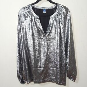 Old Navy Metallic Blouse Silver Peasant Sleeve Futuristic Y3K Women's Size XXL